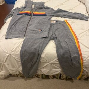 Aviator Nation Gray Hoodie with Rainbow Stripes and matching jogger set